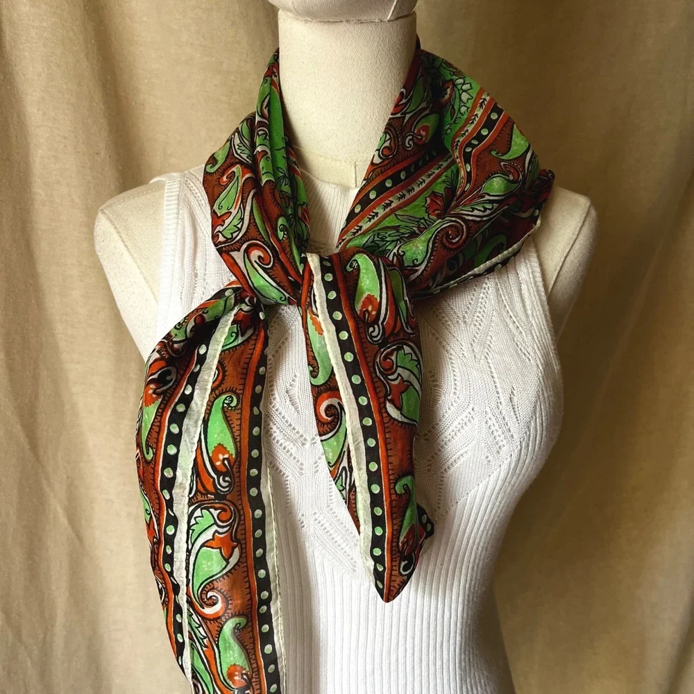 Vintage Sally Gee Silk Scarf Green Brown Orange Floral Paisley 31x31 Square 70s